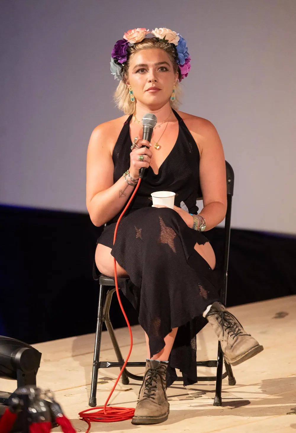 Florence Pugh Channels Her &lsquo;Midsommar&rsquo; Film in Colorful Flower Crown at Glastonbury Q&A
