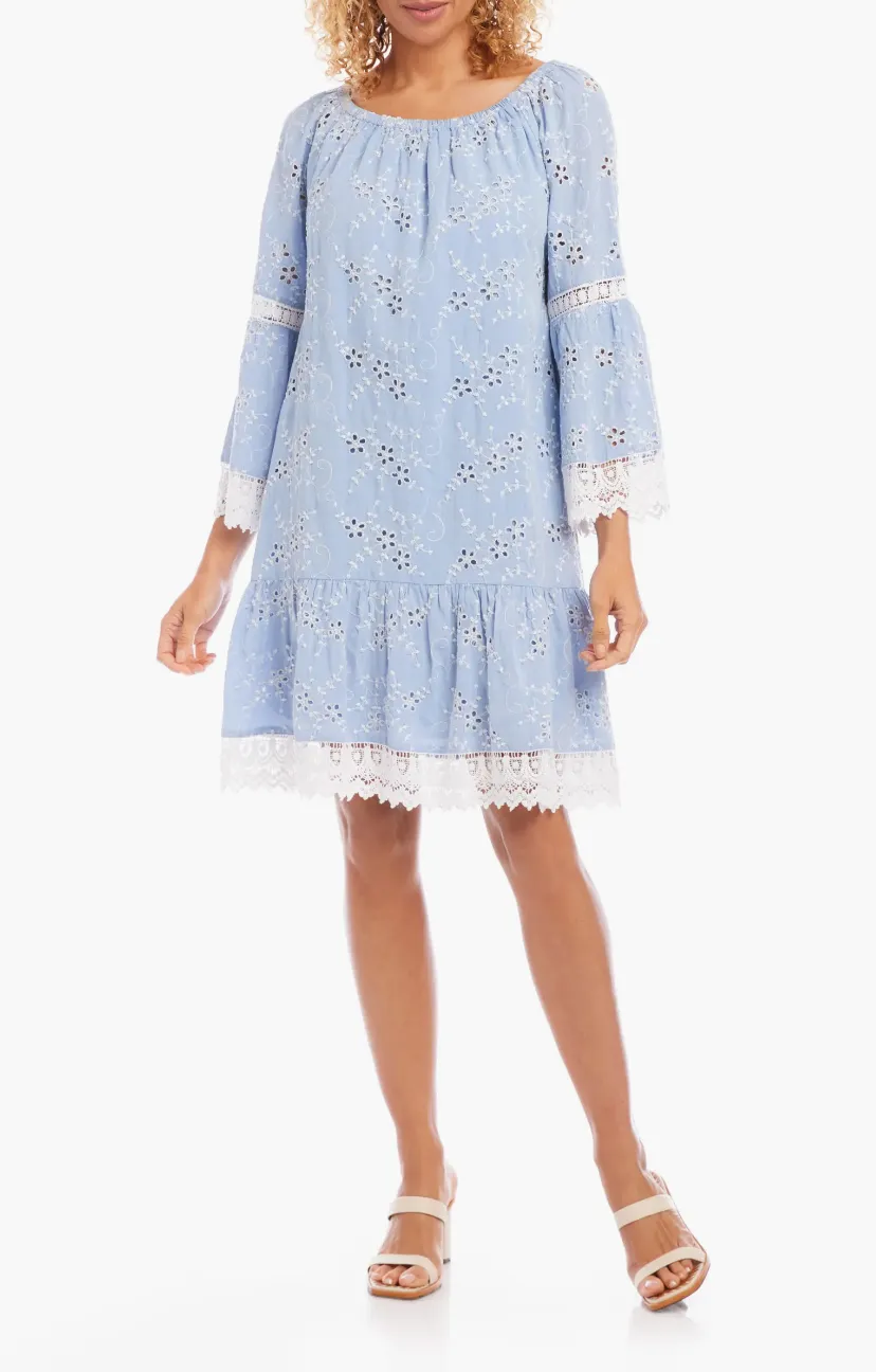 Karen Kane Mixed Lace Cotton Eyelet Shift Dress