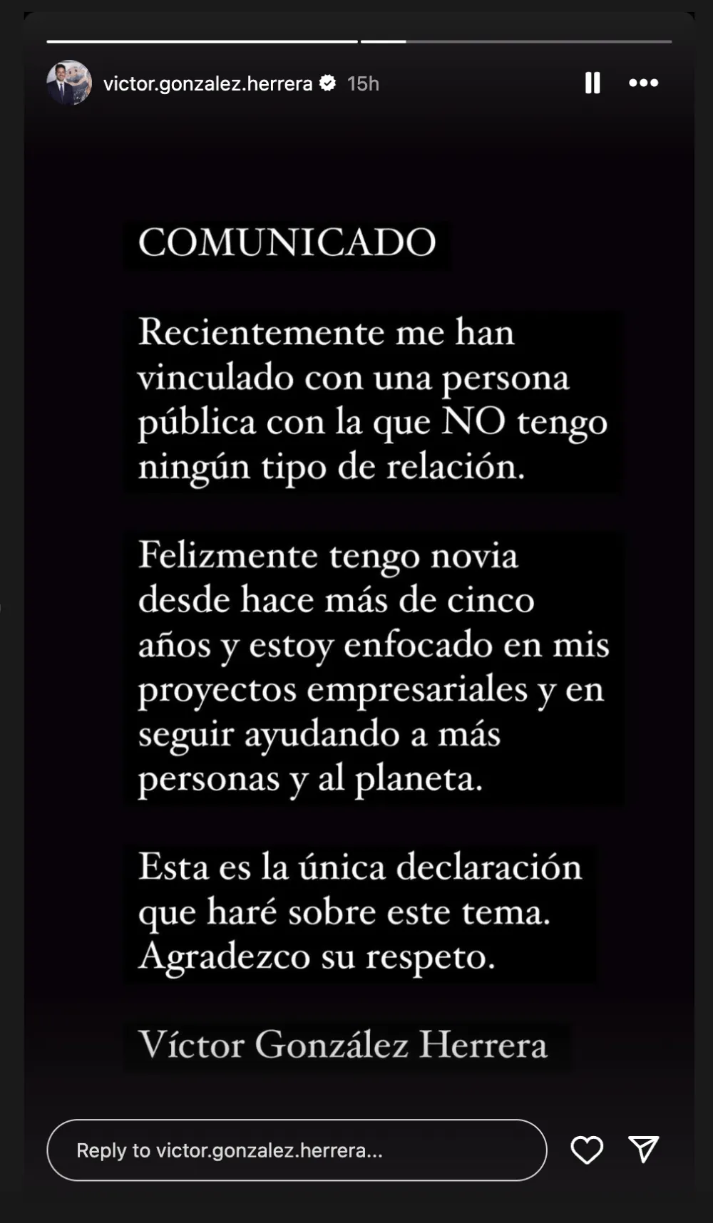 Comunicado V&iacute;ctor Gonz&aacute;lez Herrera sobre Irina Baeva