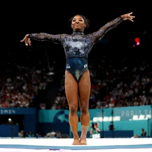 PARIS, FRANCE - JULY 28: Simone Biles of Team United States competes in the floor exercise during the Artistic Gymnastics Women's Qualification on day two of the Olympic Games Paris 2024 at Bercy Arena on July 28, 2024 in Paris, France. (Photo by Jamie Squire/Getty Images)