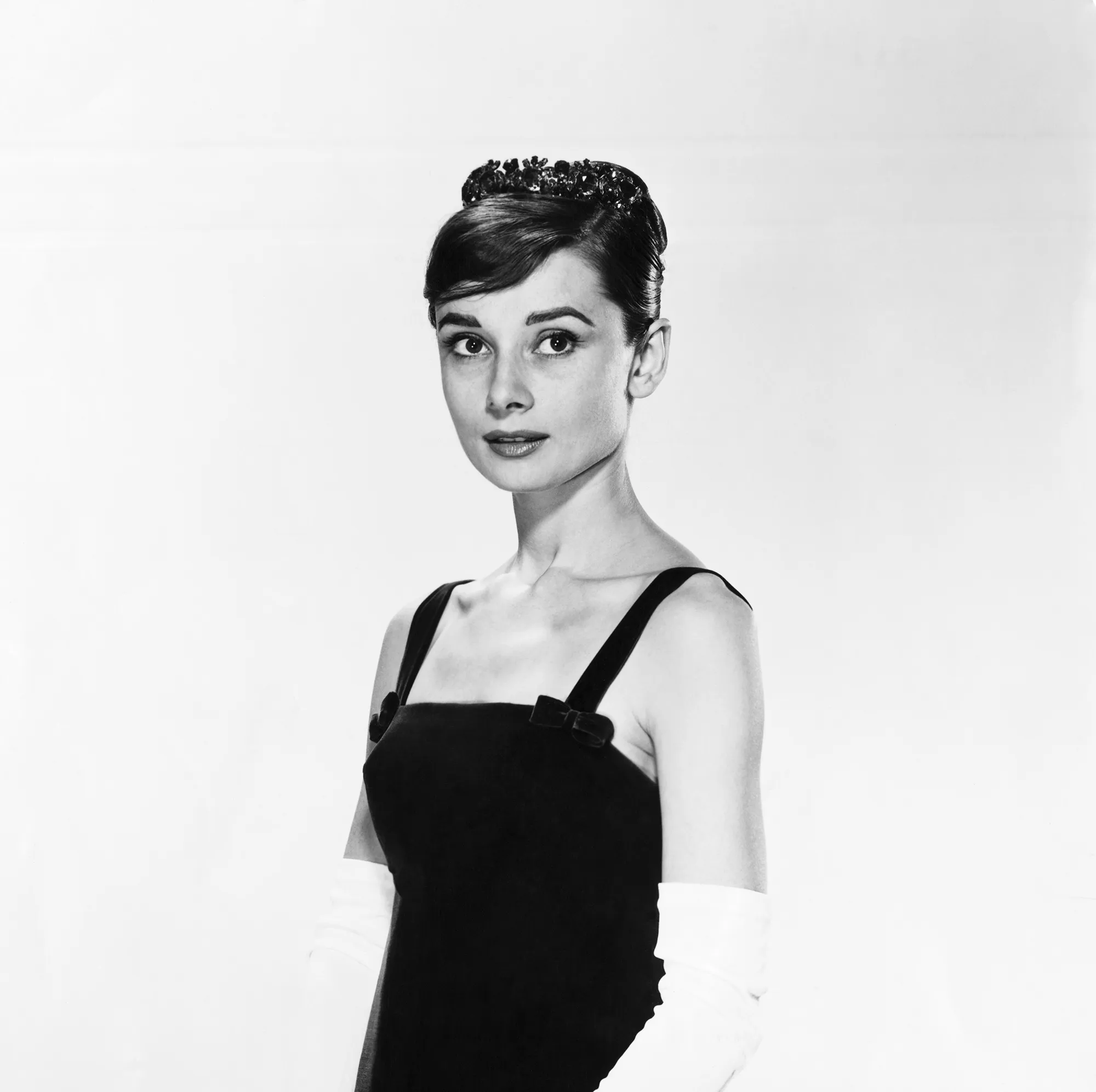 Portrait of Audrey Hepburn in an evening gown.