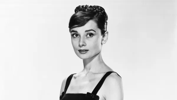Portrait of Audrey Hepburn in an evening gown.
