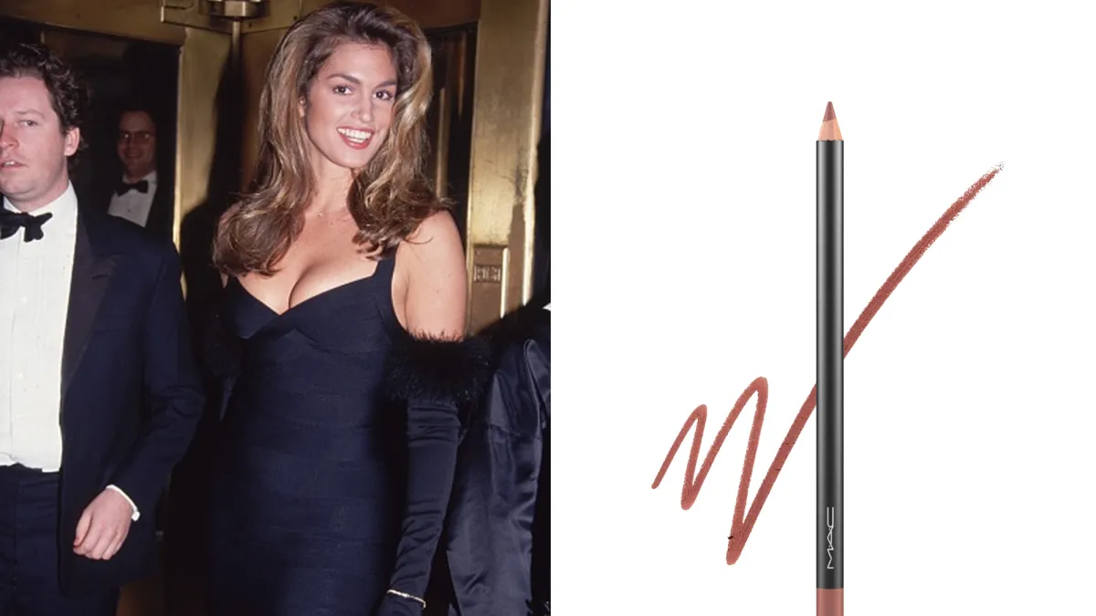 Cindy Crawford next to mac lip liner pencil in shade spice