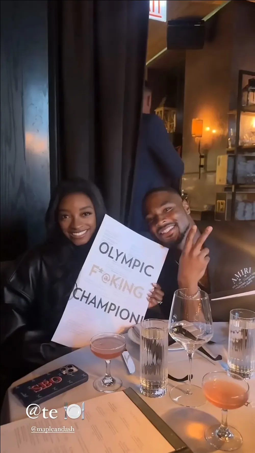 Simone Biles Poses With 'Olympic F&ndash;king Champion' Menu During Dinner With Jonathan Owens