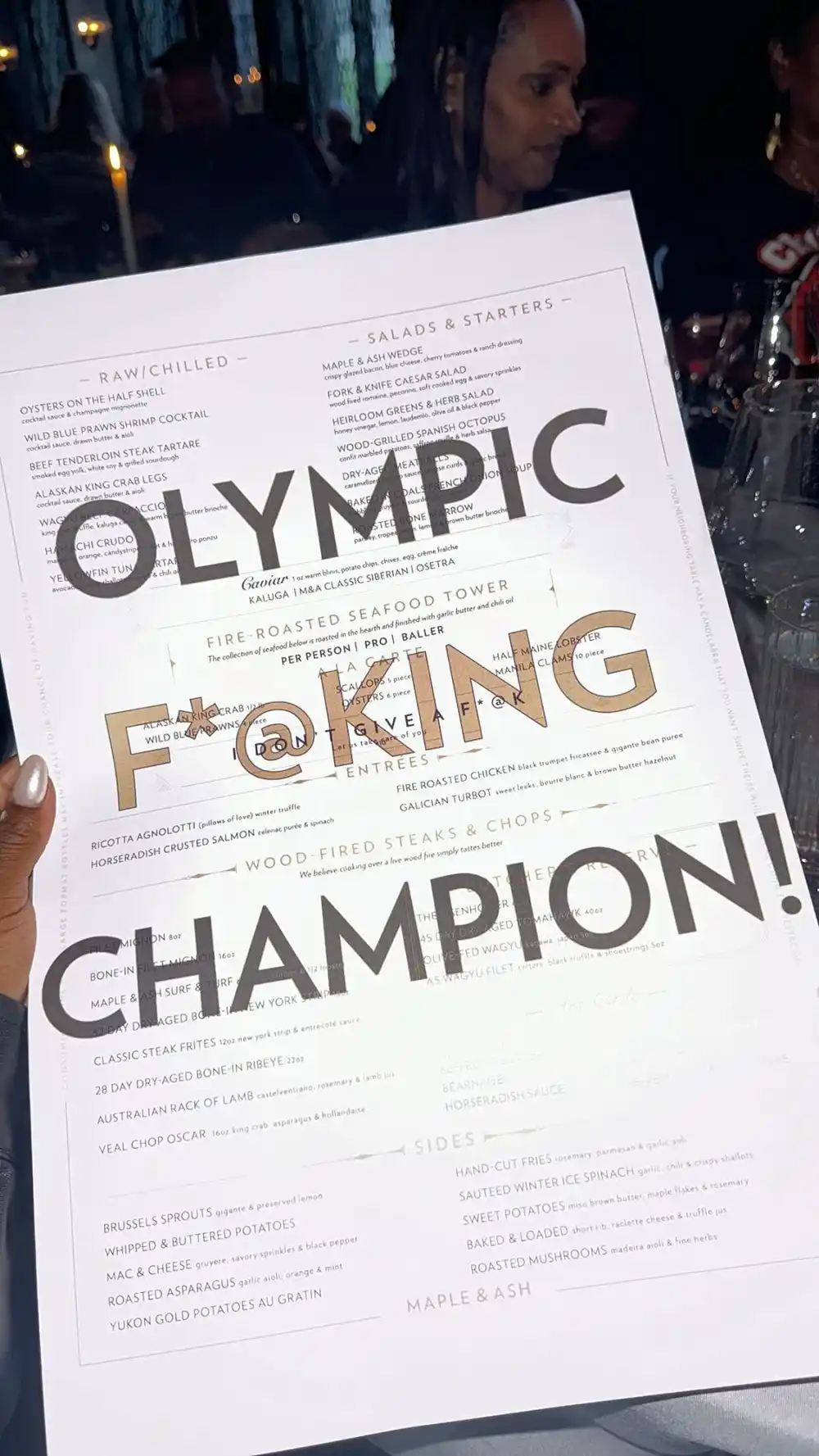 Simone Biles Poses With 'Olympic F&ndash;king Champion' Menu During Dinner With Jonathan Owens