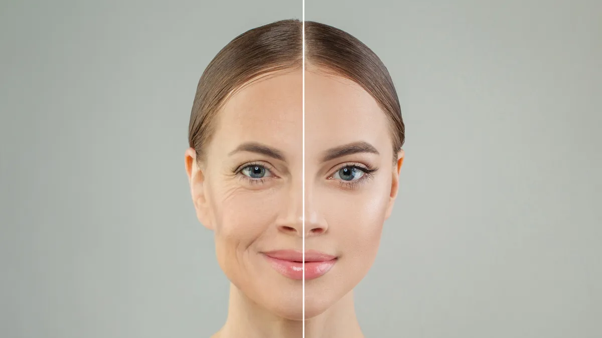 Portrait of beautiful woman with wrinkles and young clean skin, aging and youth concept, beauty treatment and cosmetology