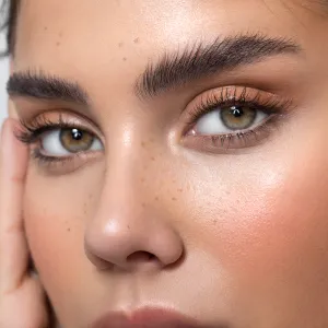 Closeup studio shot of a beautiful woman with freckles skin posing against a grey background