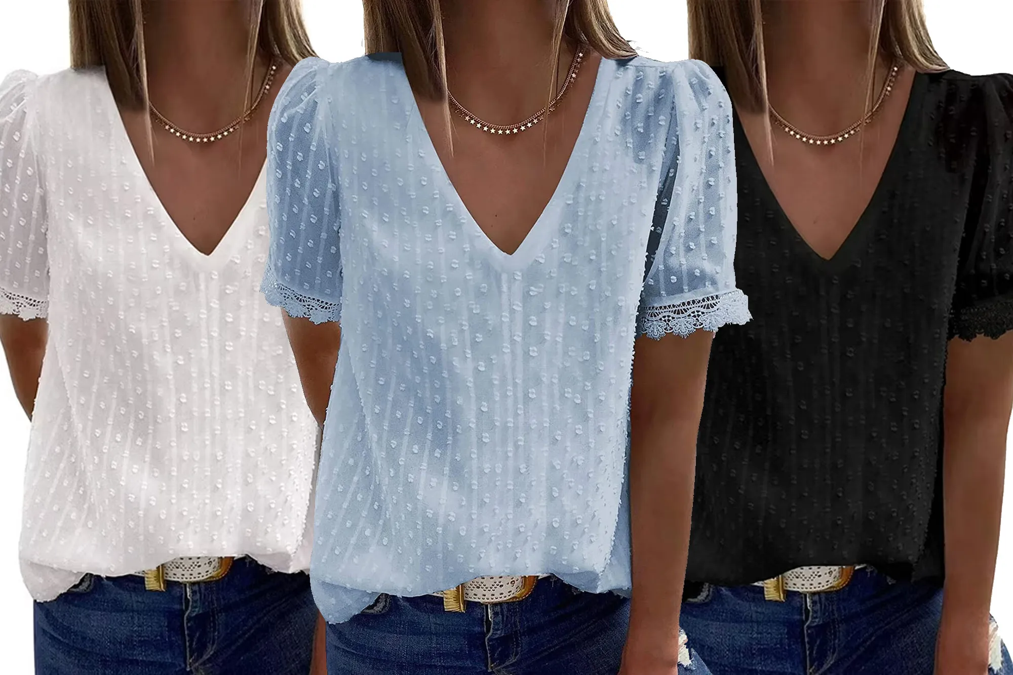 Tznbgo Short Sleeve V-Neck Lace Blouse Walmart