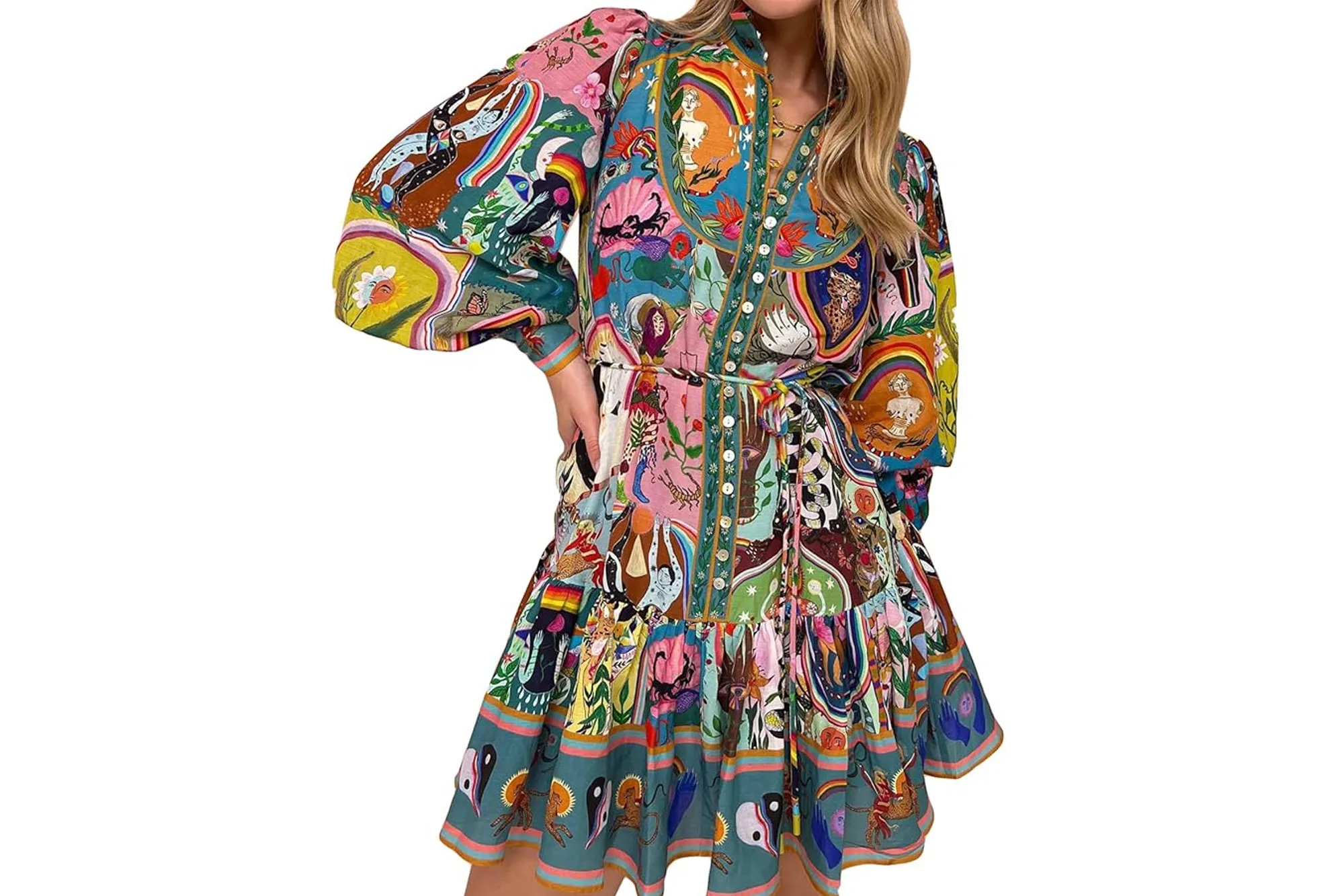 Qikaka Puff Sleeve Turtleneck Printed Dress Amazon