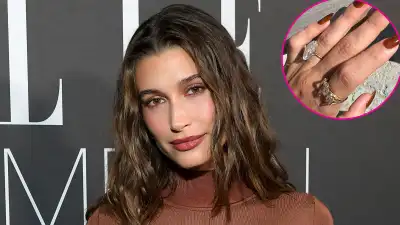 Hailey Bieber Shows Off Diamond Mom Ring and Autumn Manicure
