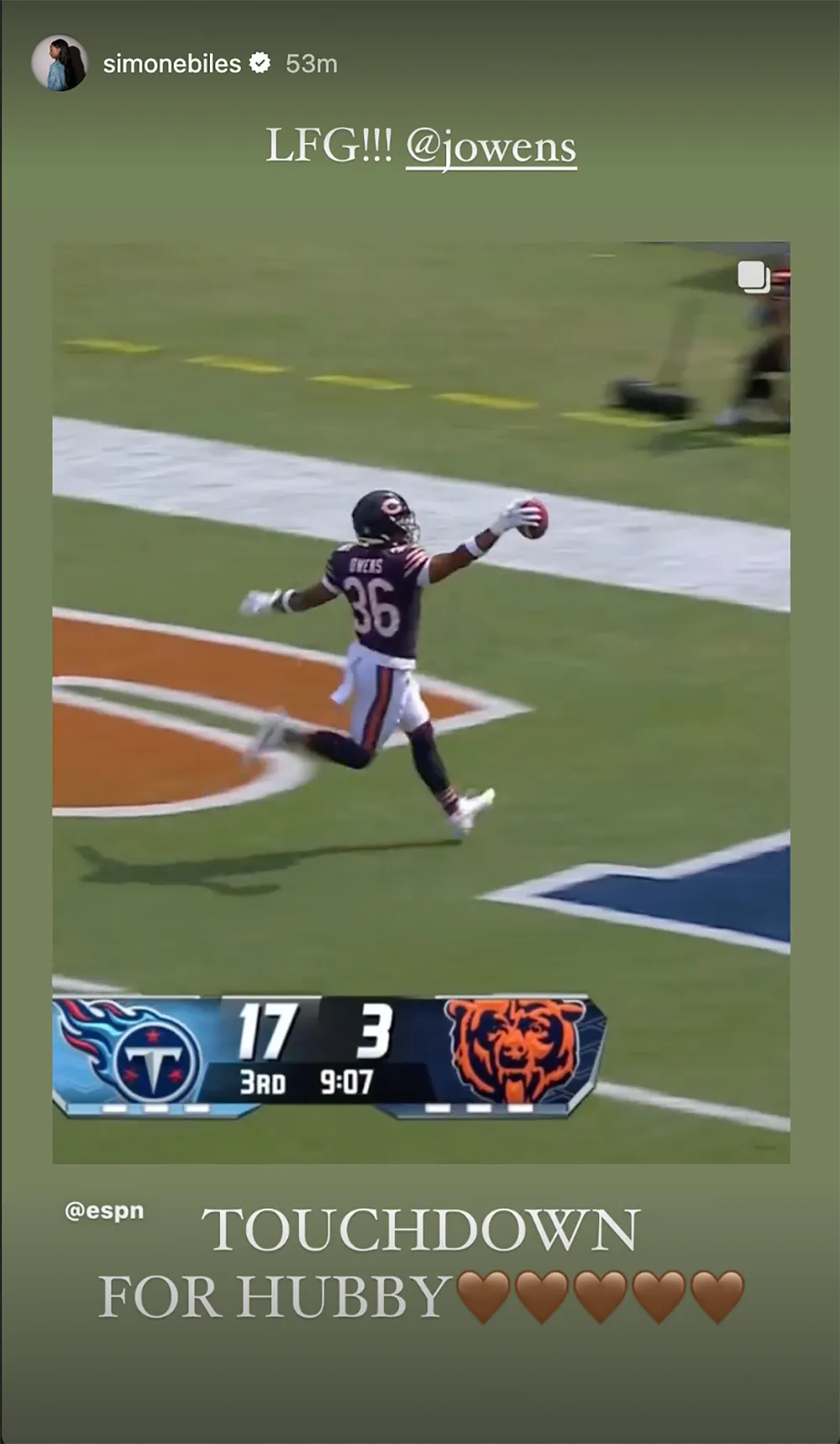 Chicago Bears&rsquo; Jonathan Owens Called 'Mr. Biles' by ESPN Broadcasters After Scoring Touchdown