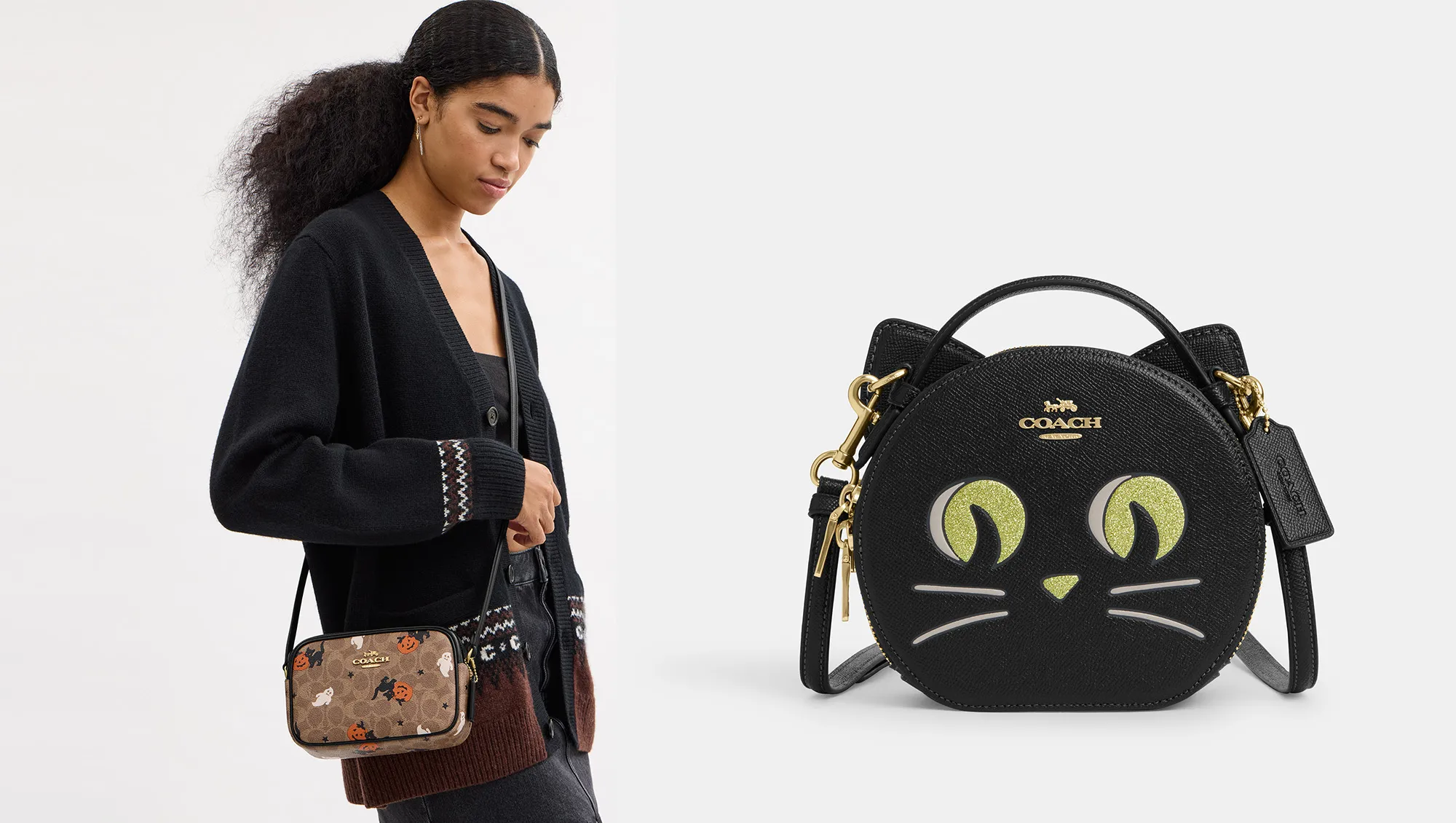 a woman with a purse next to a cat shaped bag