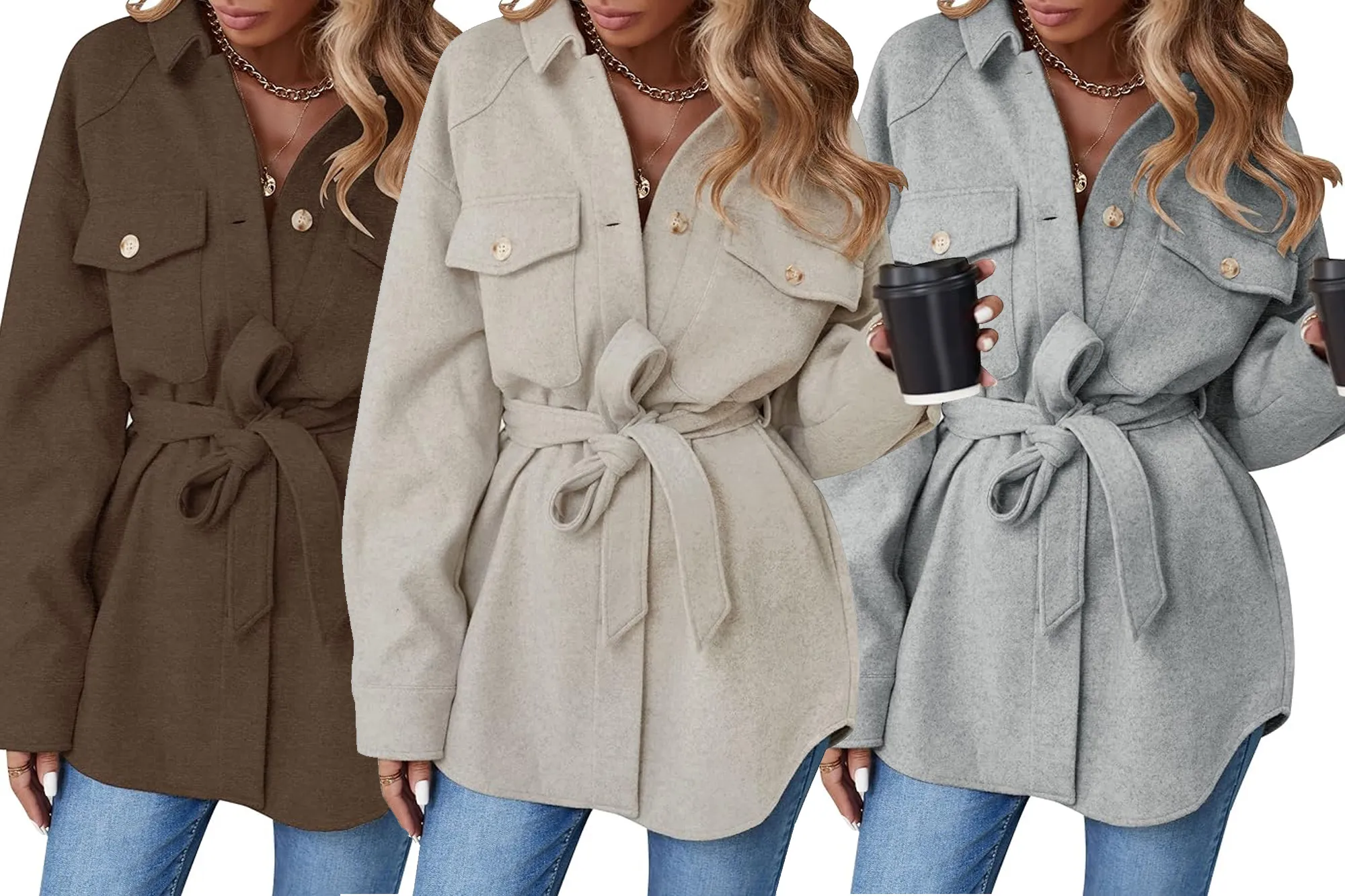 Zesica Long Sleeve Button Down Belted Jacket with Pockets