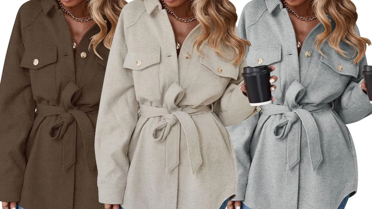 Zesica Long Sleeve Button Down Belted Jacket with Pockets