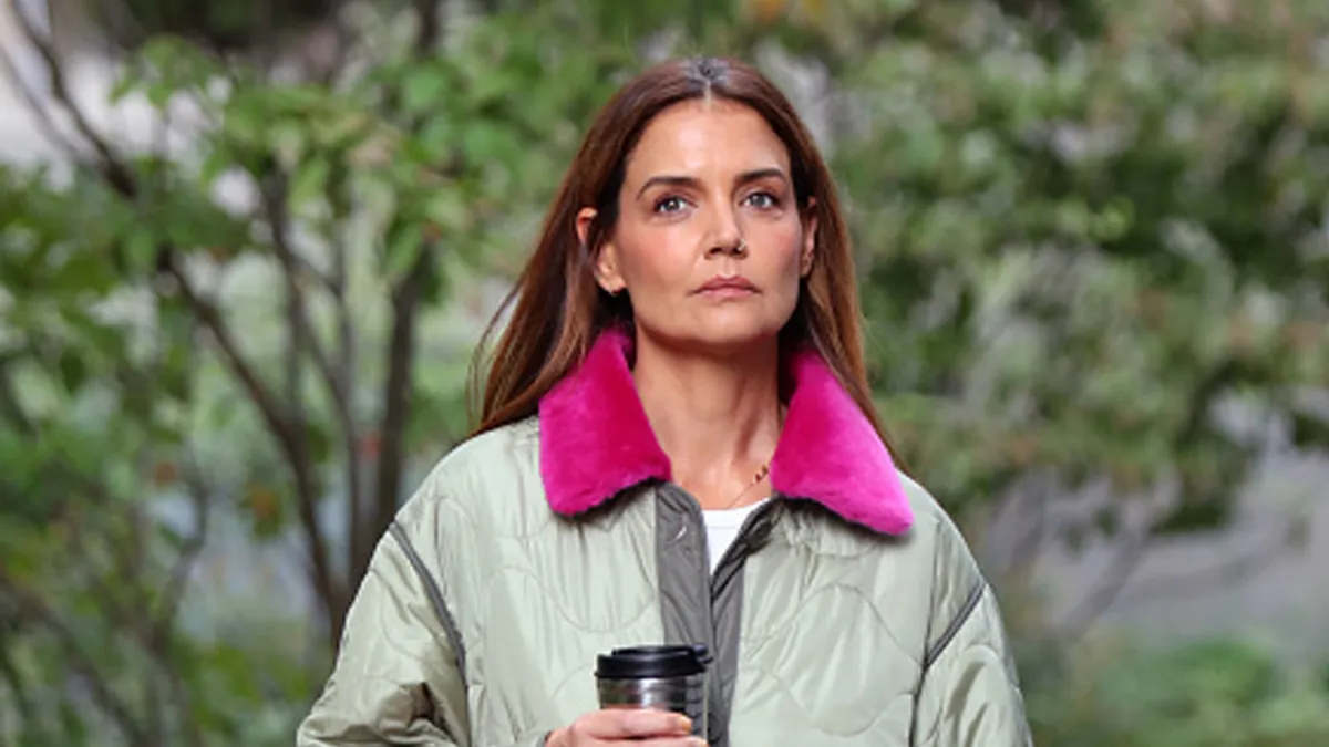 katie holmes in green jacket