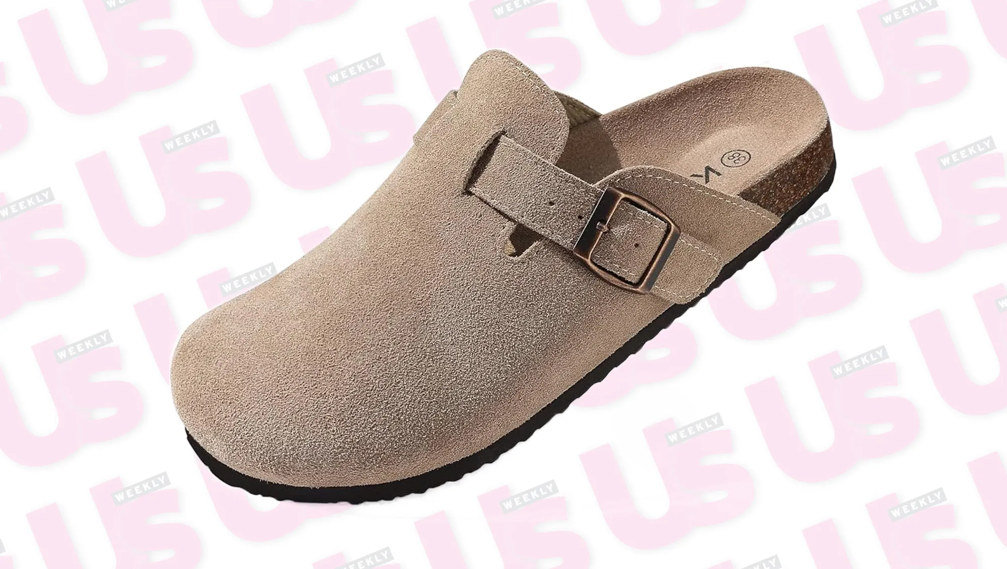 tan suede clogs on a pattered background