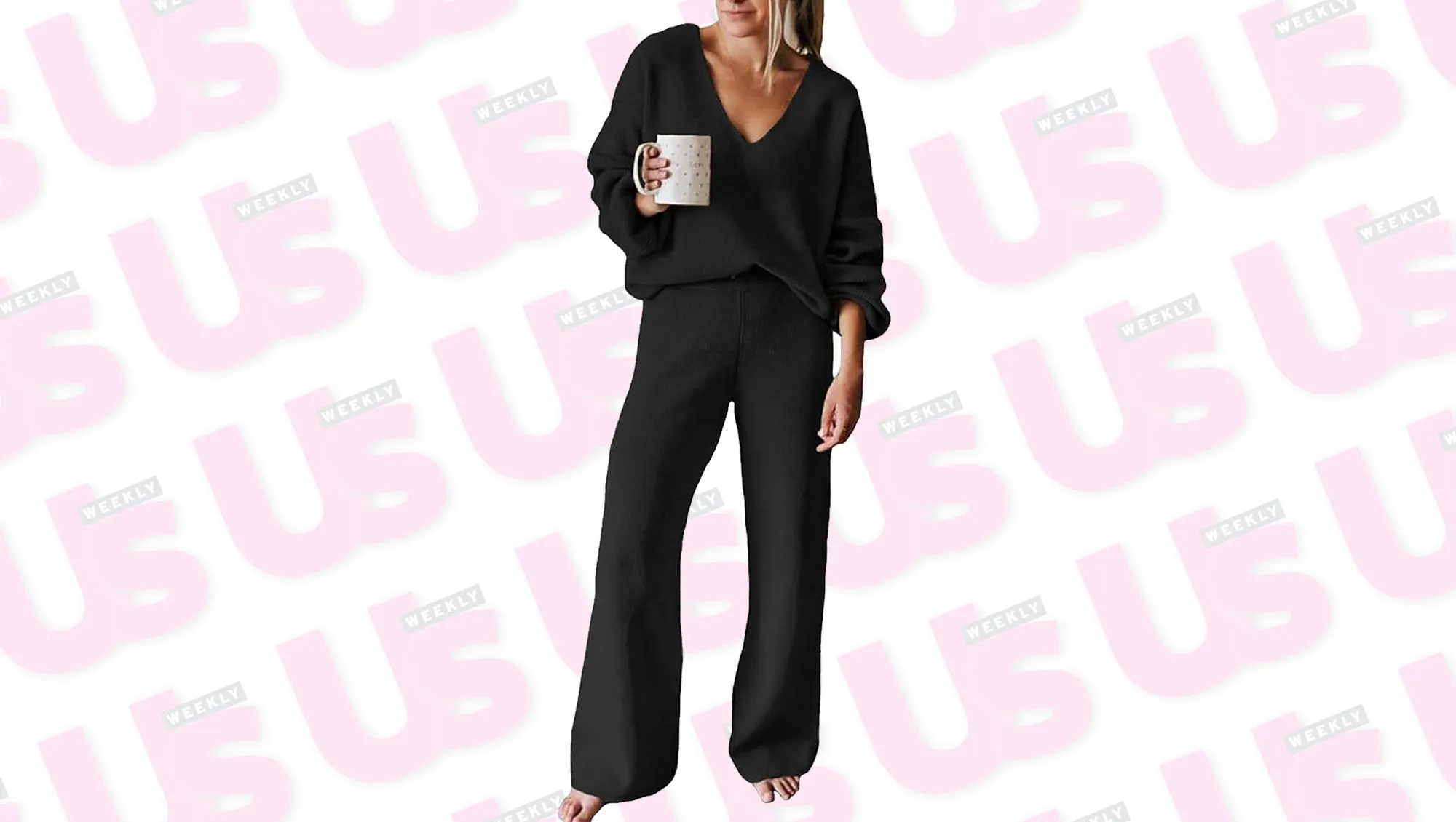 a woman wearing a matching black set