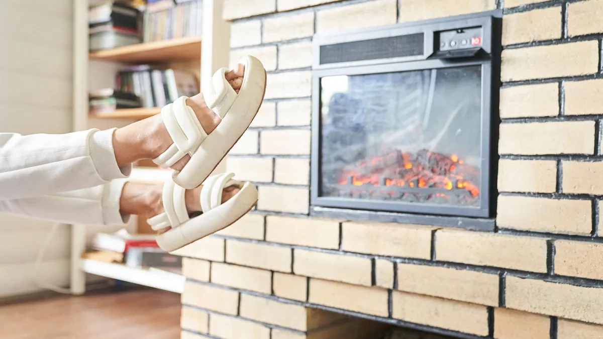 woman wearing slippers in front of fireplace
