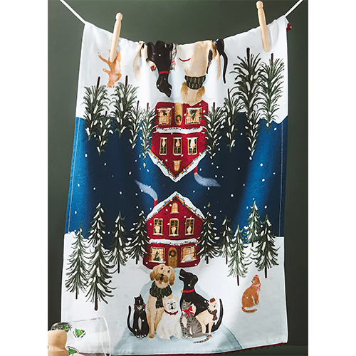 Cat and Dog Carolers Dish Towel
