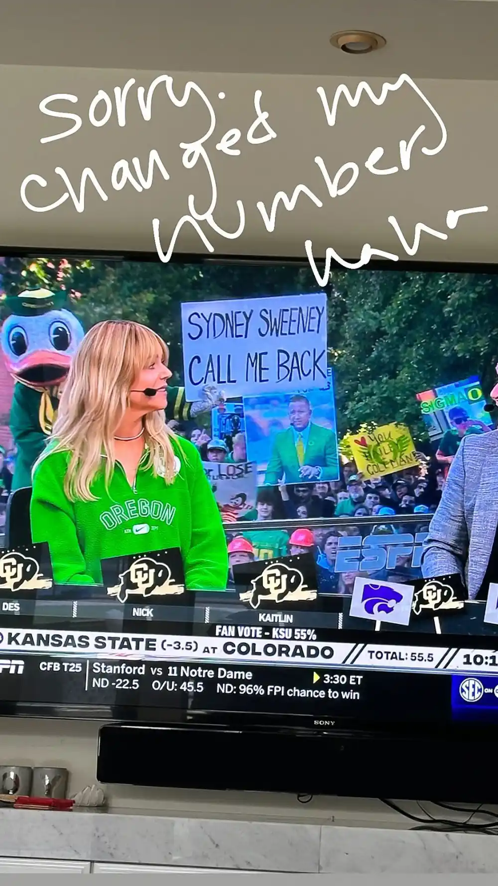 Sydney Sweeney Hilariously Responds to College Football Fan's Sign Asking for Her Number