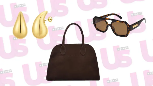 brown bag, aviator sunglasses and gold earrings