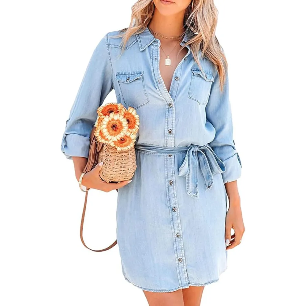 Yoeasy Long Sleeve Denim Tie Waist Shirt Dress Amazon