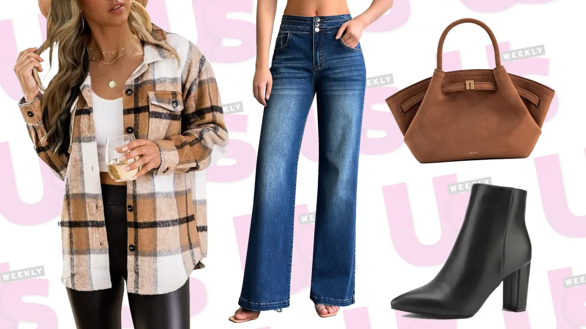 jeans, plaid jacket, purse and boots from amazon