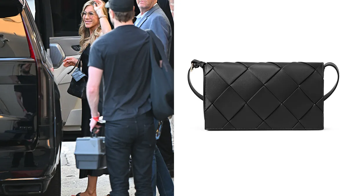 jennifer anniston woven black bag
