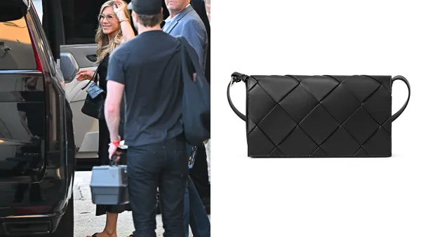 jennifer anniston woven black bag