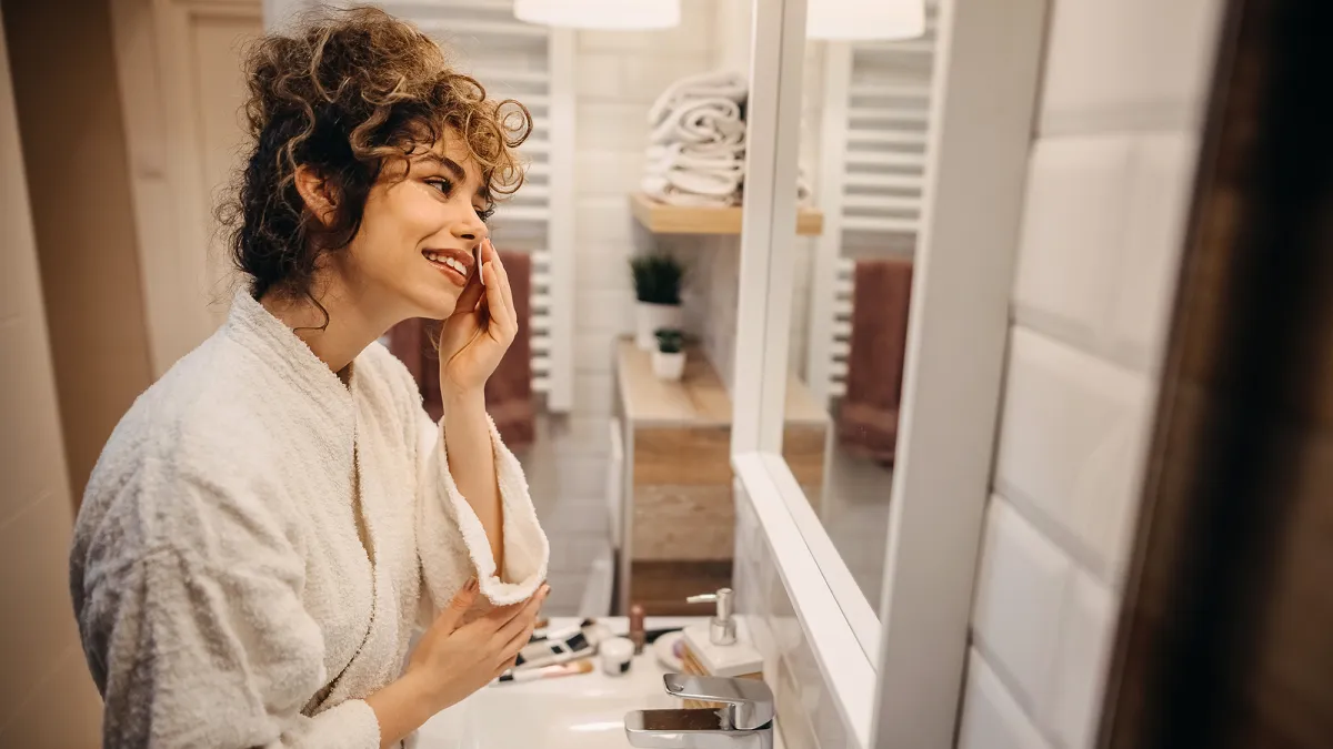 Beautiful young woman in a bathrobe looks in the mirror in her bathroom