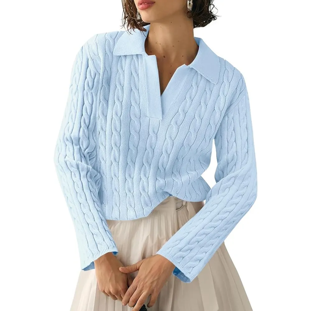 Saodimallsu Cable Knit V-Neck Collared Sweater Amazon