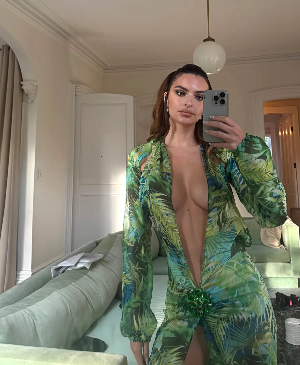 Emily Ratajkowski Channels Jennifer Lopez in Green Versace Dress