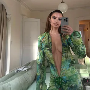 Emily Ratajkowski Channels Jennifer Lopez in Green Versace Dress