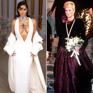 Kim Kardashian Wears Princess Diana’s Cross Necklace With a Low-Cut White Gown to LACMA Art+Film Gala