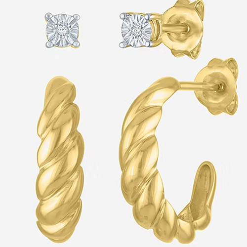 Yes, Please! Diamond Accent Lab Grown White Diamond 14K Gold Over Silver Round 2 Pair Earring Set