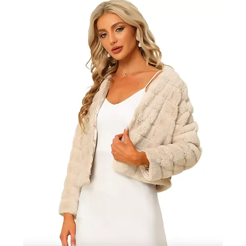 Allegra K Collarless Faux Fur Fluffy Jacket