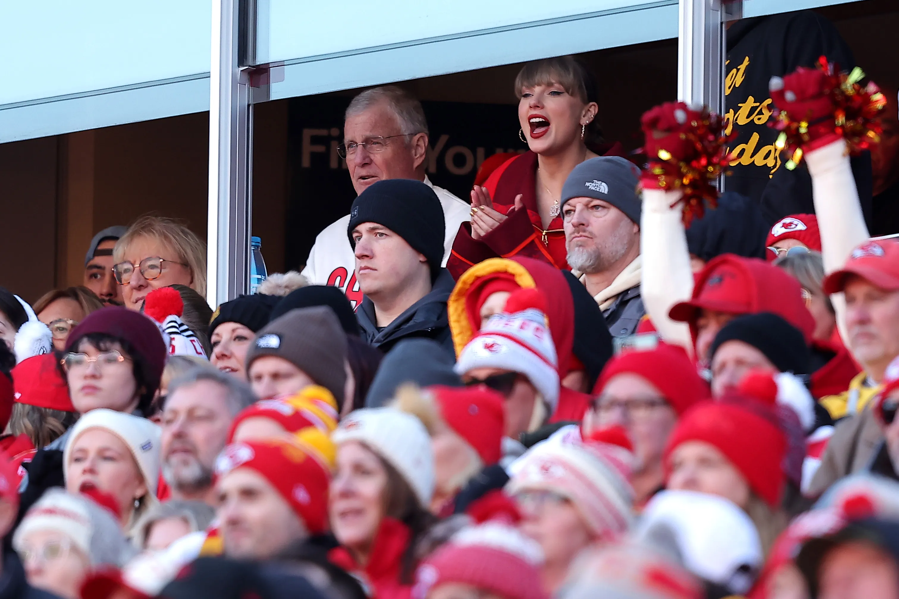 KANSAS CITY, MISSOURI - NOVEMBER 29: Singer Taylor Swift cheers during the first half of the game between the Las Vegas Raiders and the Kansas City Chiefs at GEHA Field at Arrowhead Stadium on November 29, 2024 in Kansas City, Missouri. (Photo by David Eulitt/Getty Images)