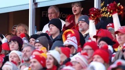 KANSAS CITY, MISSOURI - NOVEMBER 29: Singer Taylor Swift cheers during the first half of the game between the Las Vegas Raiders and the Kansas City Chiefs at GEHA Field at Arrowhead Stadium on November 29, 2024 in Kansas City, Missouri. (Photo by David Eulitt/Getty Images)