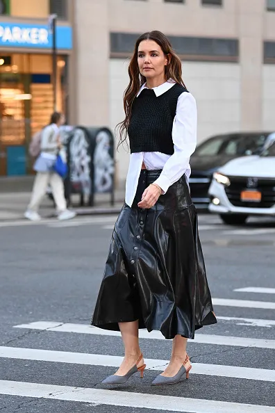 Katie Holmes spotted out and about wearing head-to-toe Cinq &agrave; Sept on November 20, 2024 in New York City.