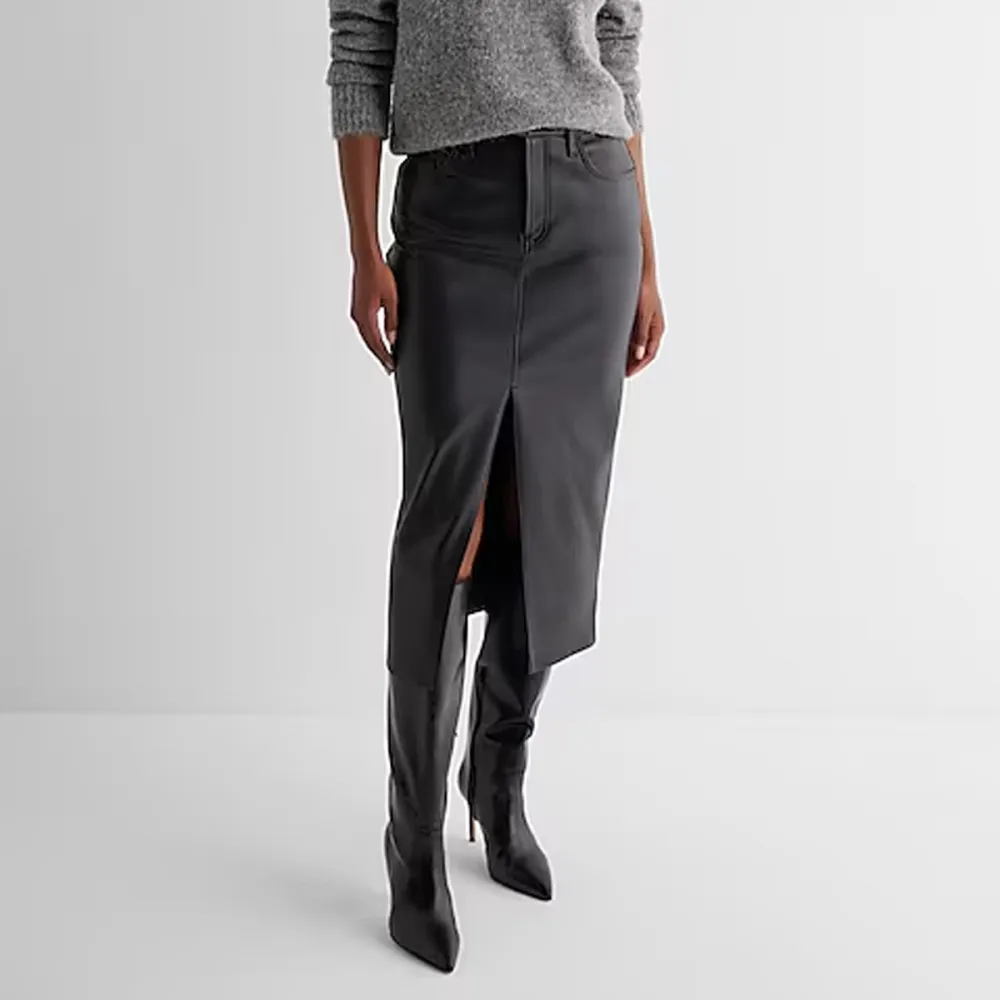 Express High Waisted Faux Leather Front Slit Midi Skirt
