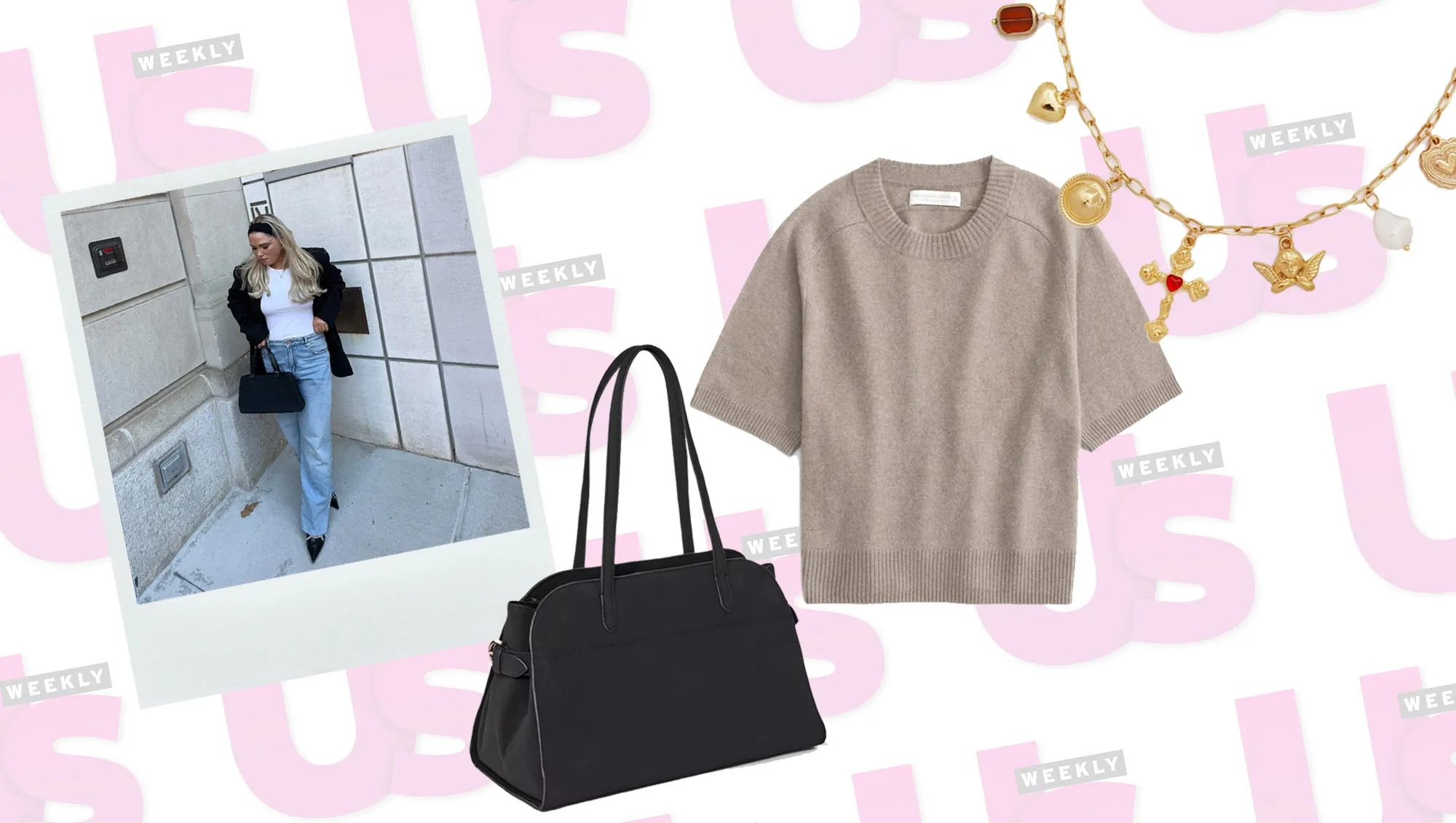 shopper tote, sweater, charm necklace