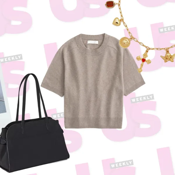 shopper tote, sweater, charm necklace