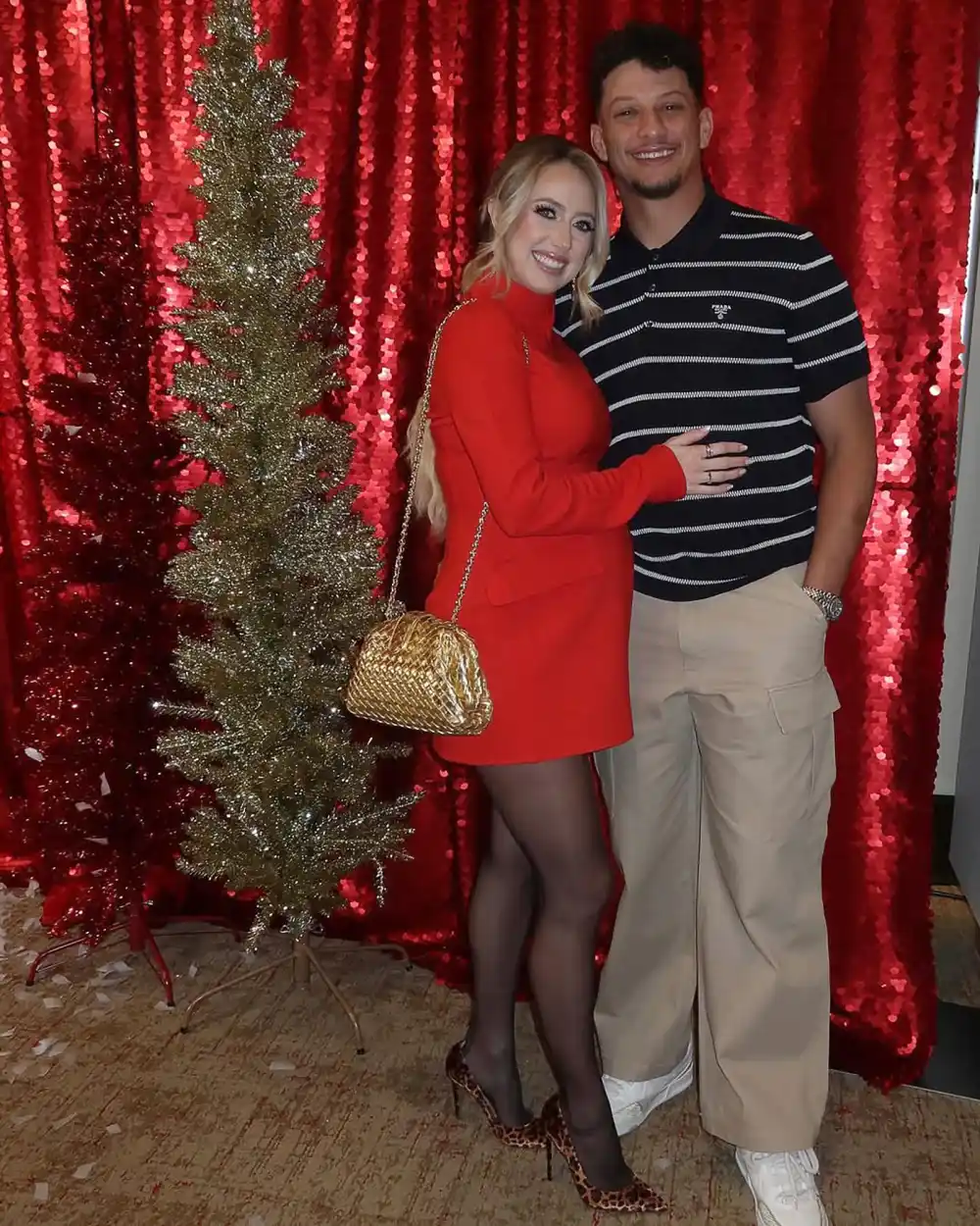 Patrick Mahomes and Pregnant Wife Brittany Cuddle Up at Chiefs Christmas Party