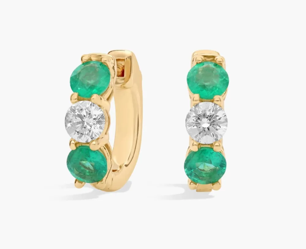Blue Nile Diamond and Emerald Front Facing Huggie Earrings in 14K Yellow Gold
