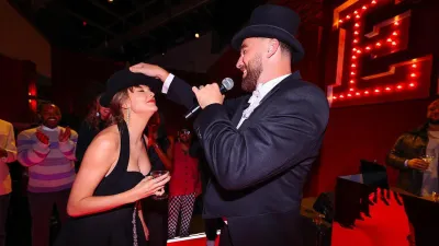 Travis Kelce Adorably Gifts Girlfriend Taylor Swift 22 Hat at Eras Tour Themed Party 489