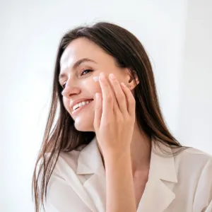 Healthy skin and everyday skincare routine concepts. Portrait of happy female apply anti aging moisturizing cosmetic cream on face, smiling, looking at bathroom mirror