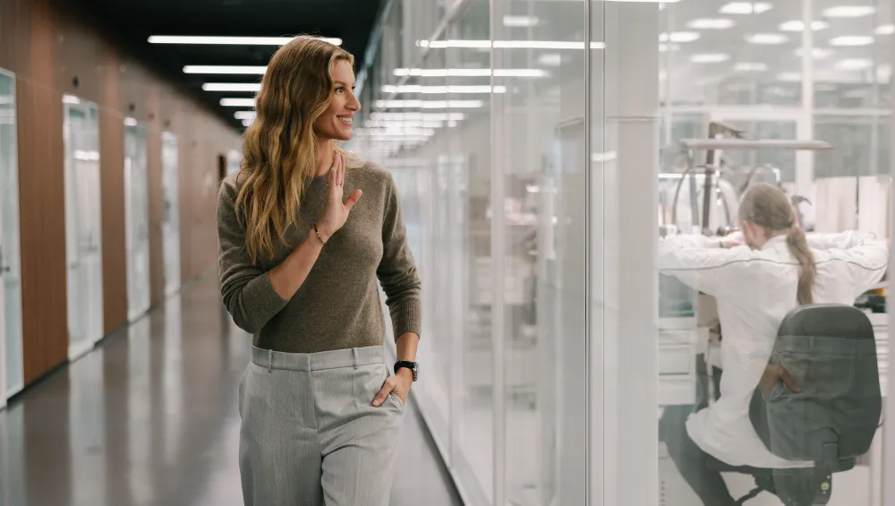 Gisele Bundchen reacts during a tour of the IWC Manufacturing Centre on April 10, 2024 in Schaffhausen, Switzerland.