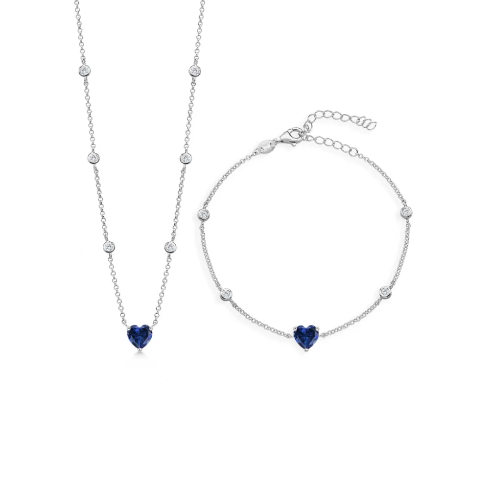 Gem Stone King 925 Sterling Silver Blue Created Sapphire Necklace and Bracelet Jewelry Set
