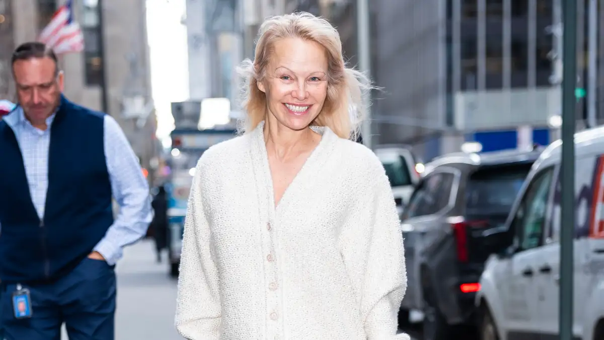 Pamela Anderson is seen wearing Chanel arriving at SiriusXM in Midtown on January 08, 2025 in New York City