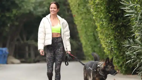 Brooke Burke is seen with her dog Billie surveying the damage from the Palisades fire in her Malibu neighborhood on January 15, 2025 in Los Angeles, California.